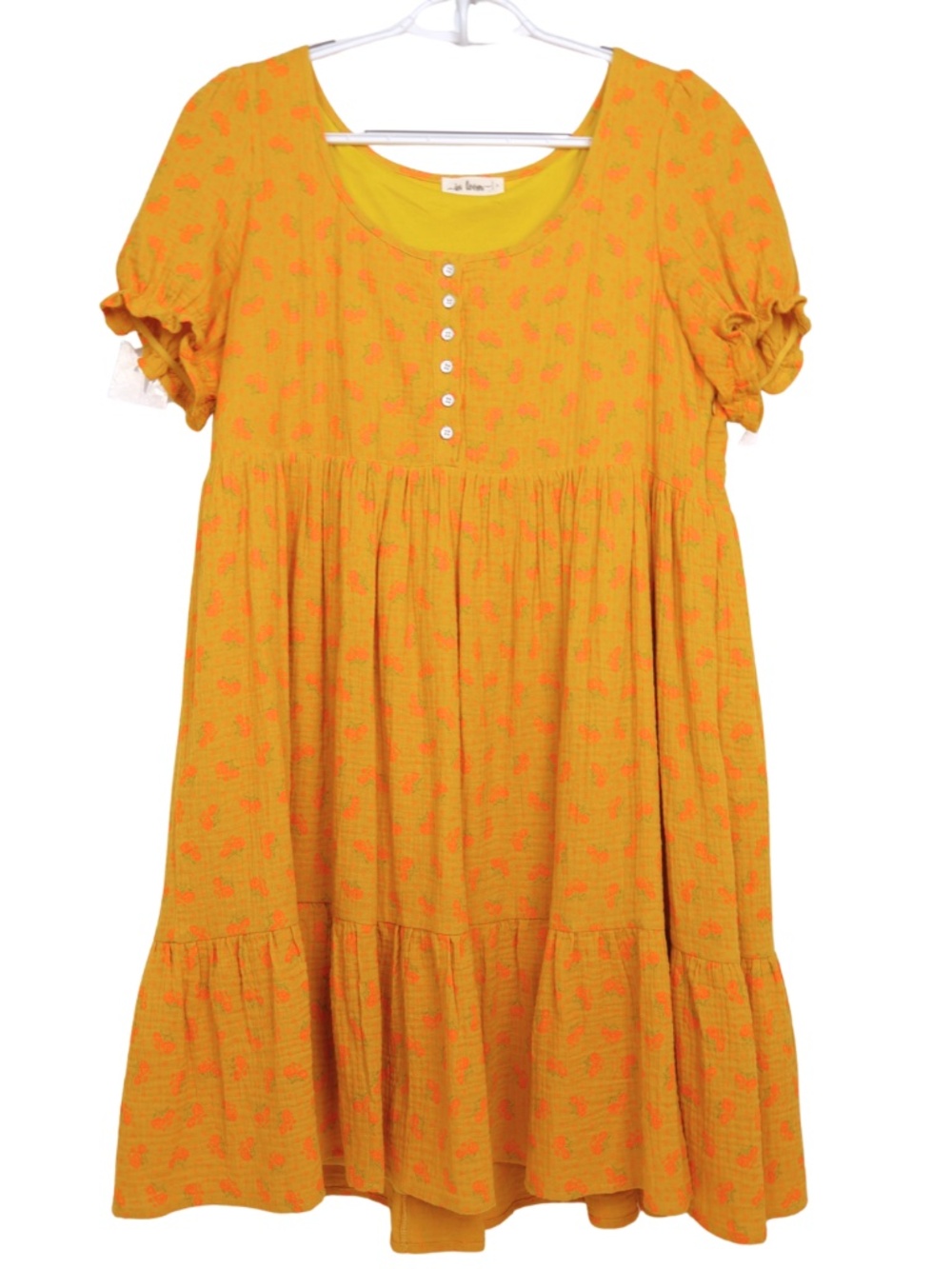 In Loom Mustard Floral Babydoll Dress Large Pink Rose Boho